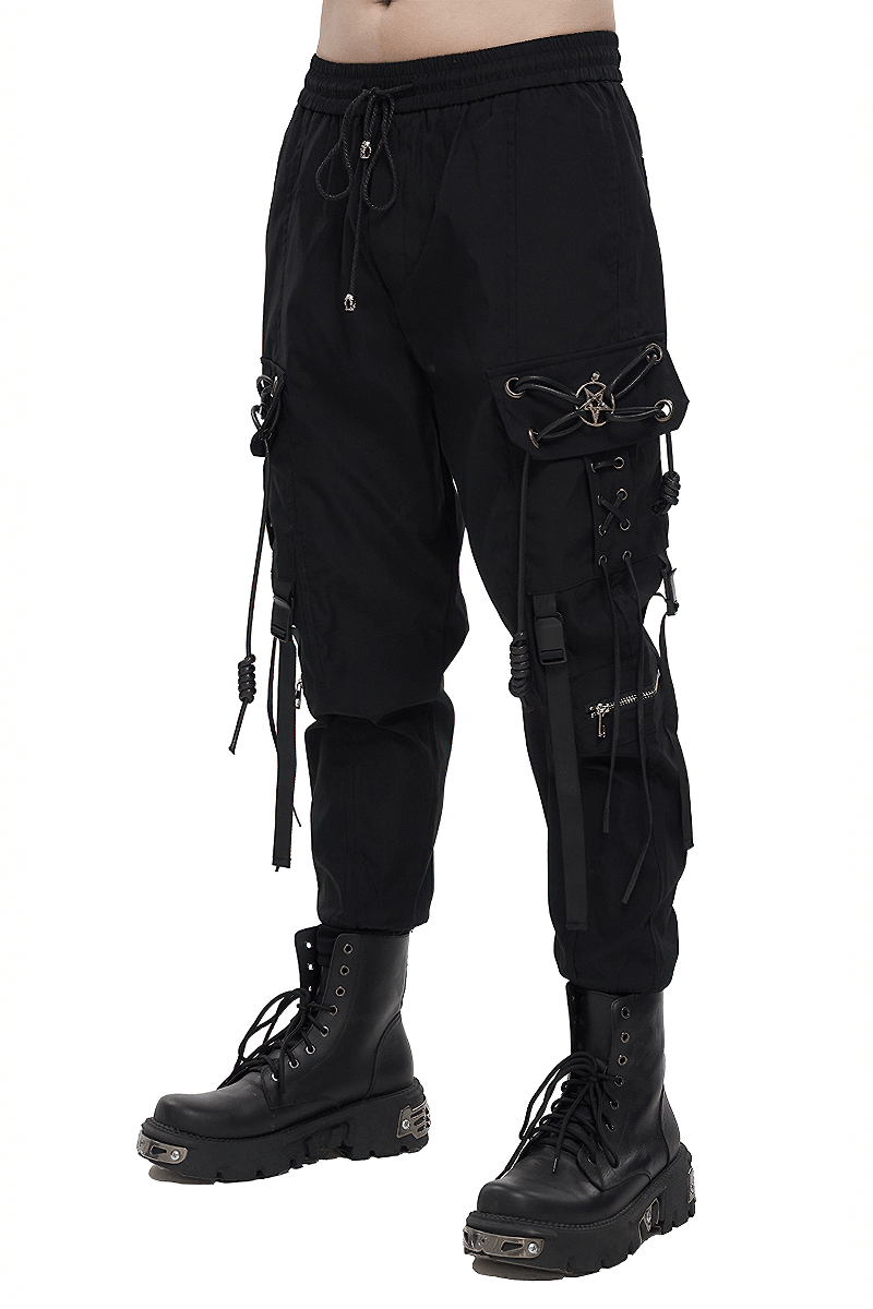 Men's punk cargo pants with metal pentagram detail, featuring a loose fit, pockets, and stylish black design.